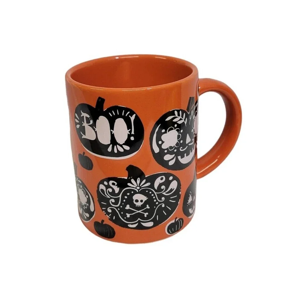 Crate & Barrel Orange Black Halloween Boo Jack-o-lanterns 14 oz Coffee Mug